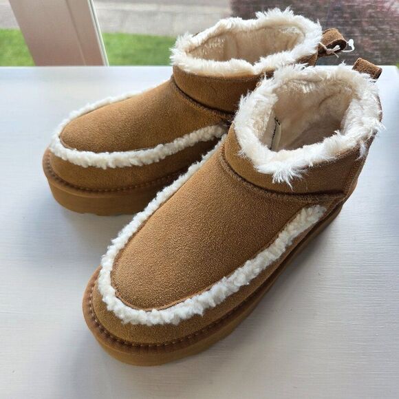 Cushionaire Suede Shearling Mini Boots Size 8 Womens Tan NEW Fur Trim Flatform - Picture 1 of 10